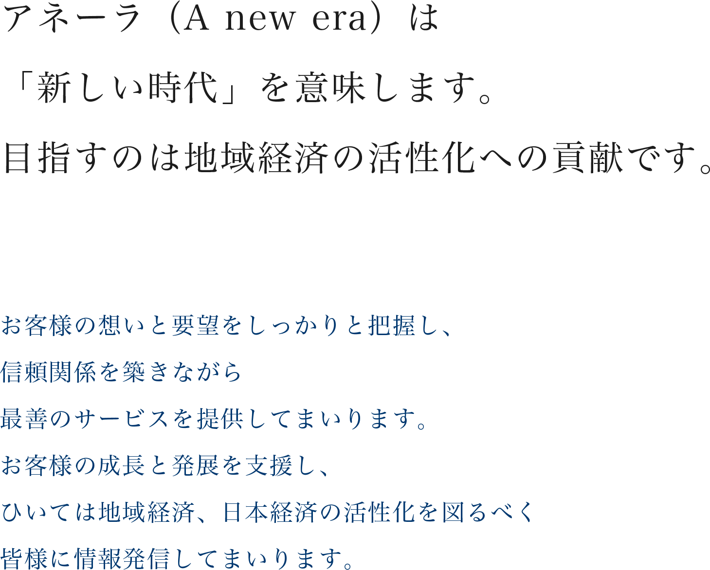 アネーラ税理士法人とはA NEW ERA 新しい時代へという意味です。目指すのは九州の地域経済の活性化への貢献です。そして九州から日本へ九州はアジアにも最も近く開放的な地域です。この地域経済の発展に貢献することにより日本に情報発信することを目的とします。 